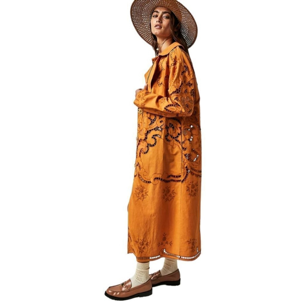 Free People Eyelet Linen Susanna Autumn Marigold Duster Jacket XS NWOT - Picture 13 of 15